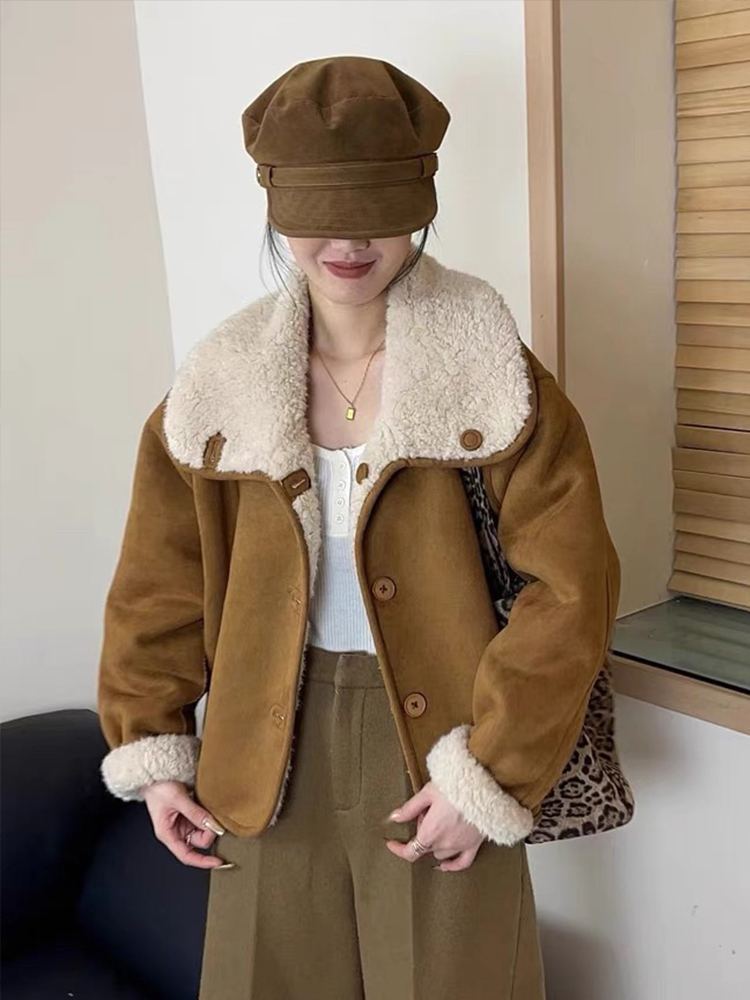 皮毛一体两面穿皮毛外套女2025秋冬美拉德复古小个子麂皮绒上衣
