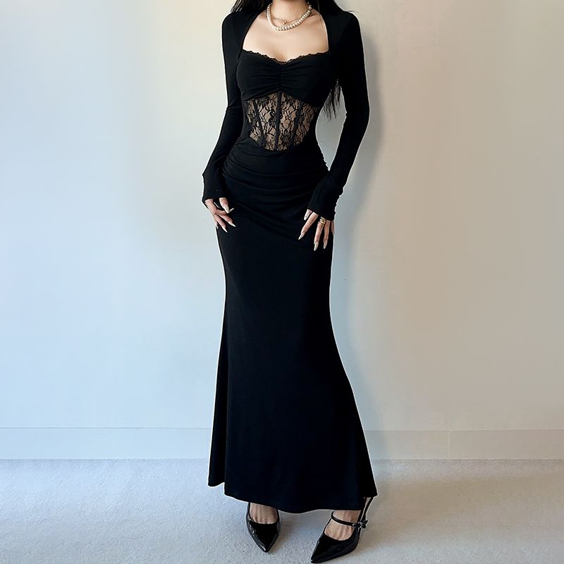 法式高级感黑色蕾丝连衣裙女秋冬长袖V领收腰包臀性感显瘦长裙