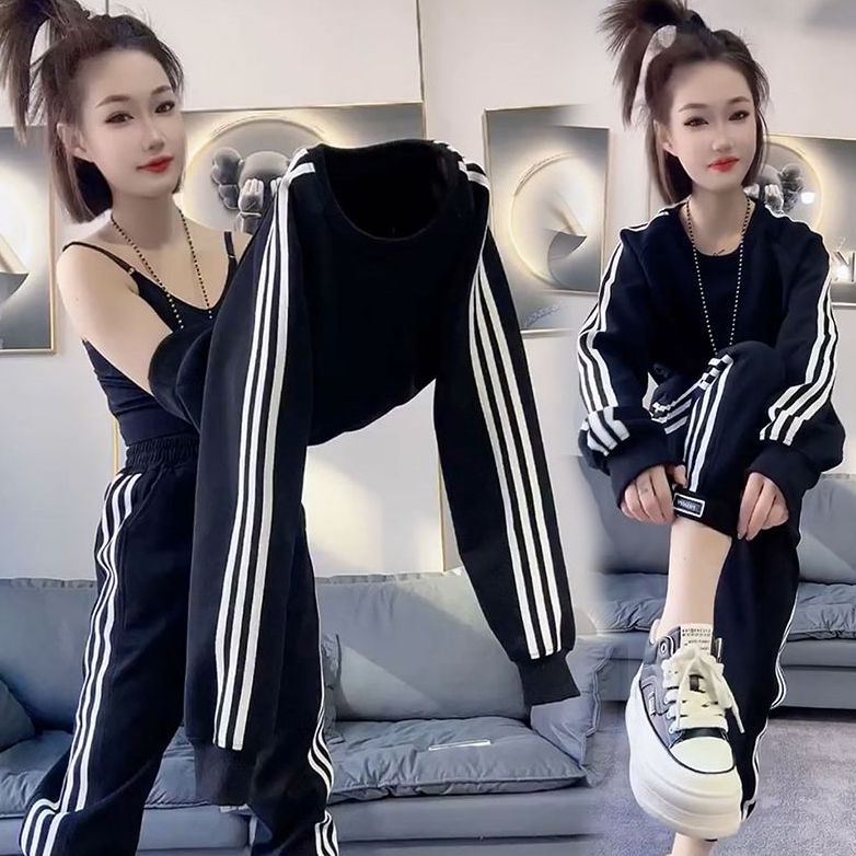 2026春秋新款卫衣休闲运动服套装女士洋气爆款时尚女装条纹两件套