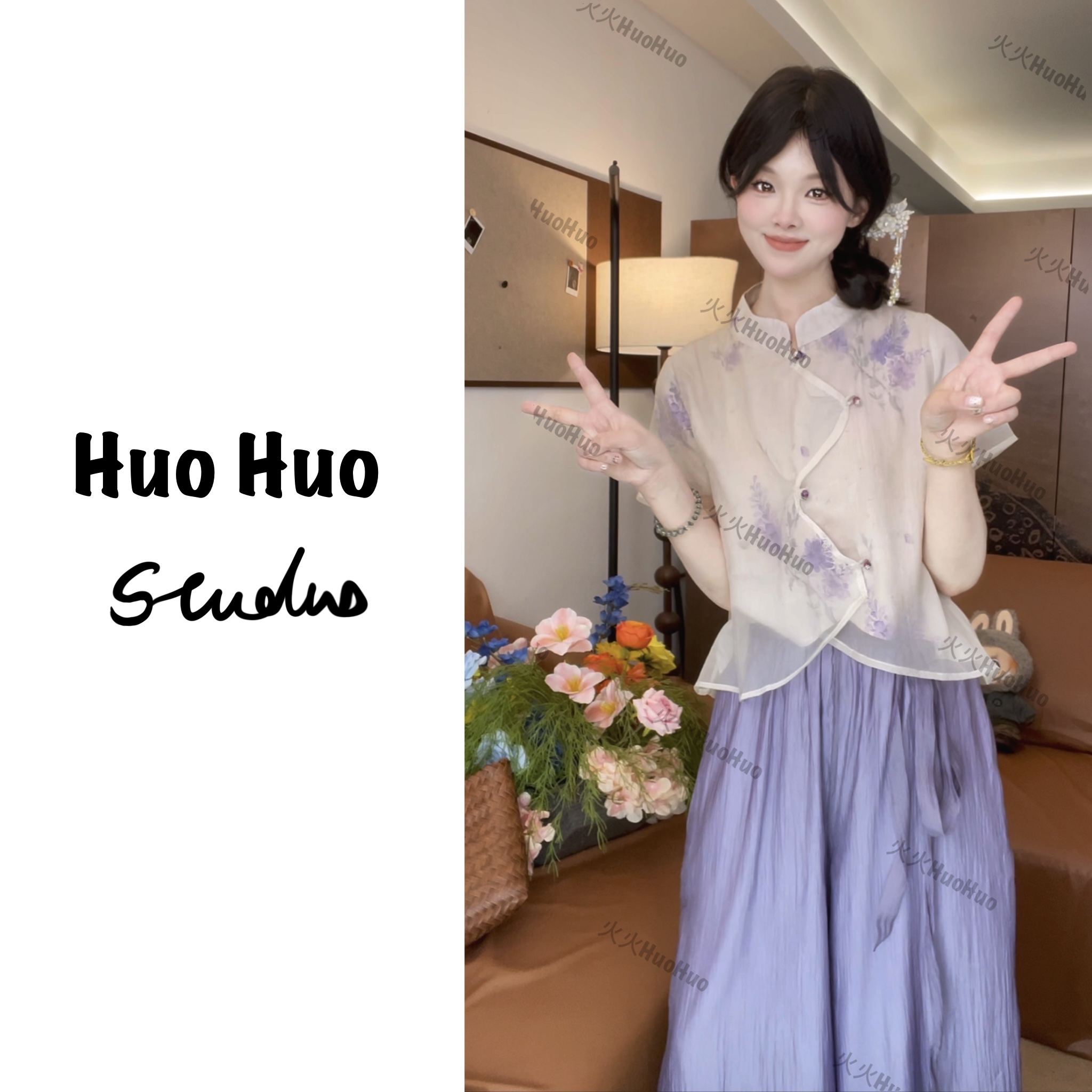 【藤萝梦】旗袍改良日常少女俏皮新中式上衣紫色阔腿裤套装829