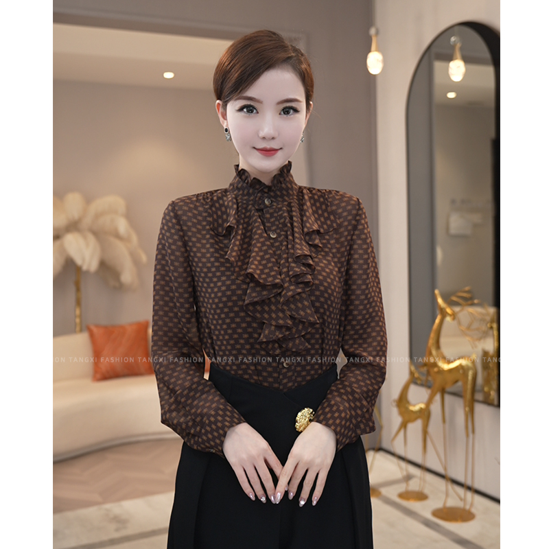 现货2026年春秋季新款【6946】轻奢小众高级感女装咖色长袖衬衫上衣