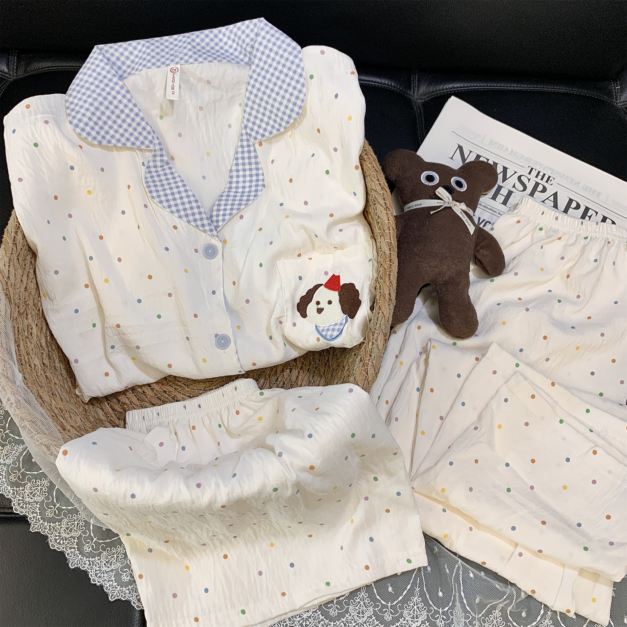 【三件套波点小狗】云朵绵夏季短袖可爱卡通少女家居服套装睡衣