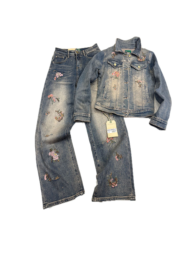 刺绣烫钻高腰牛仔裤短外套复古做旧重工潮流时尚欧美风水洗秋季新