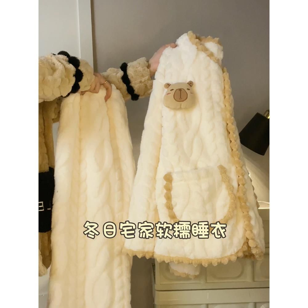 珊瑚绒睡衣女款冬季加厚保暖卡通可爱卡冬季加厚加加40岁男士睡衣