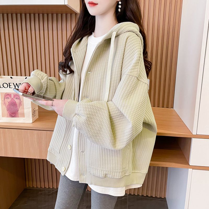 连帽卫衣外套女2025新款春秋季宽松设计感休闲纯色华夫格开衫上衣