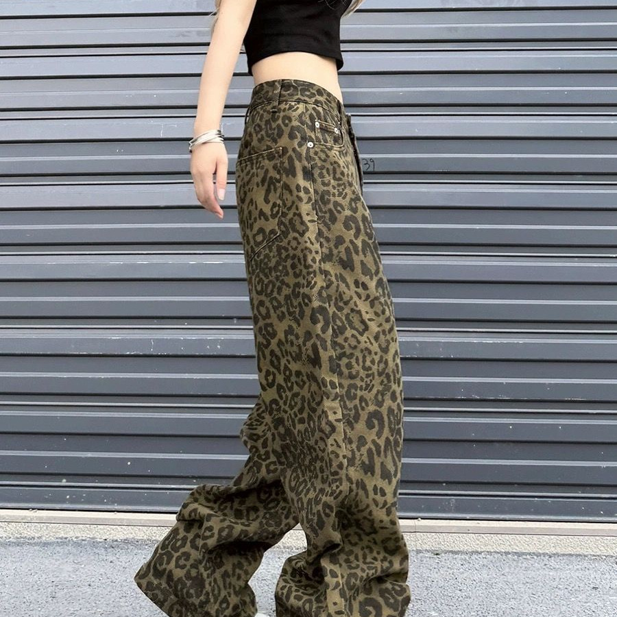 美式复古豹纹阔腿牛仔裤女春秋季高腰直筒设计感拖地裤潮