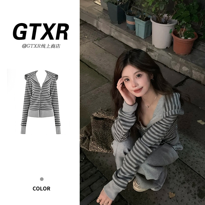 美式条纹连帽卫衣外套女2025年早秋新款小个子设计感宽松韩版上衣