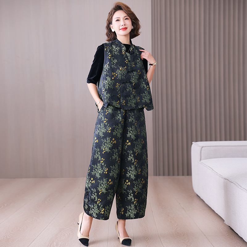 休闲无袖马甲+提花阔腿裤套装2025新款中国风中年妈妈两件套装