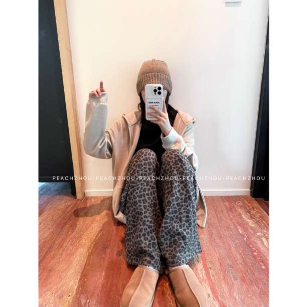 『PEACHZHOU』豹纹针织华夫格宽松直筒休闲裤松紧腰复古洋气阔腿裤