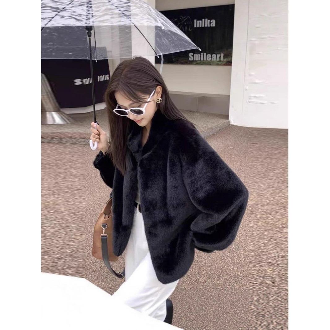 人造皮草 秋冬厚款时尚短款短外套上衣网红慵懒风女装休闲黑色