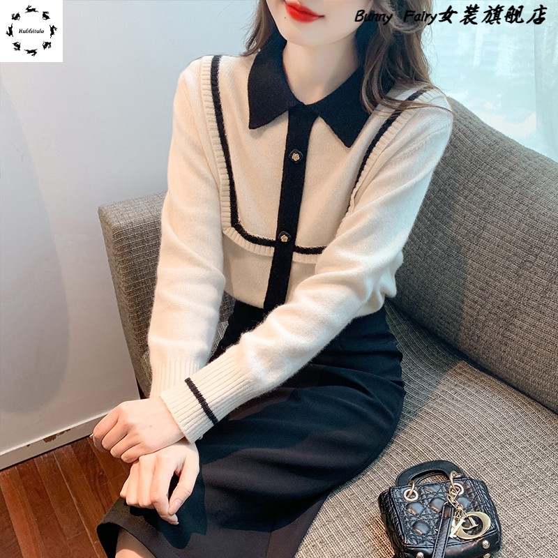 2025年新款秋冬法式小香风毛衣打底衫女气质polo领长袖针织衫上衣