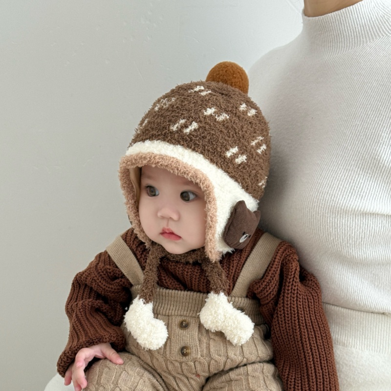 婴儿帽子秋冬季婴幼儿男女宝宝护耳毛线帽冬款小熊儿童针织帽冬天