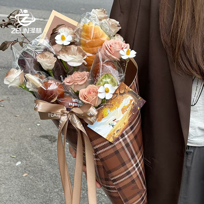 秋冬新款美拉德定型片面包花束  板栗花束 单面防水膜 加厚白卡纸