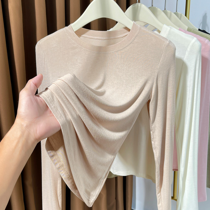 拼接小圆领气质打底衫上衣女秋冬内搭修身T恤莫代尔针织薄款长袖