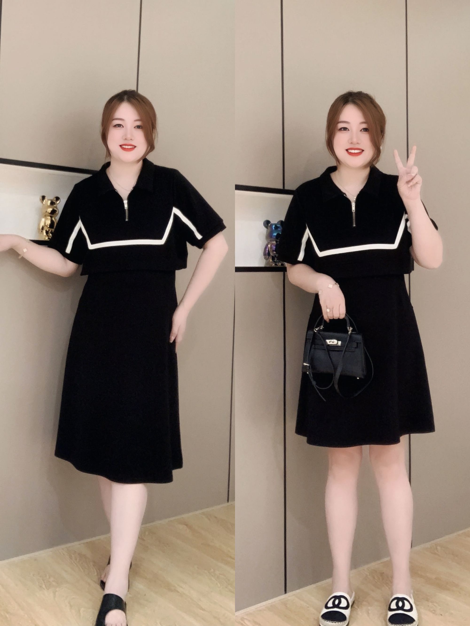 盈盈大码女装胖mm宽松显瘦撞色翻领短袖连衣裙洋气减龄赫本小黑裙