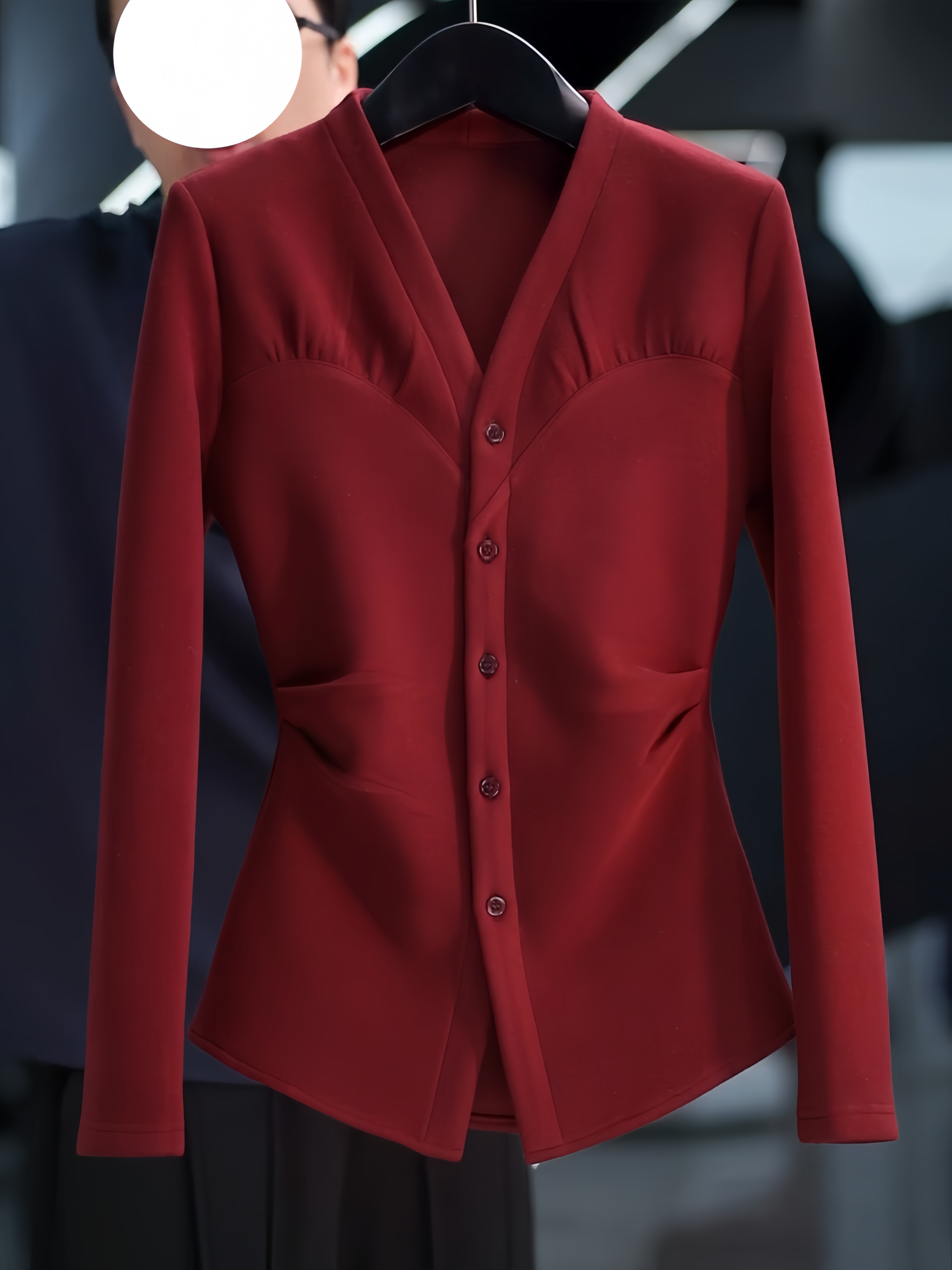 红色V领打底衫衬衫女秋冬2025新款加厚保暖收腰开衫长袖上衣