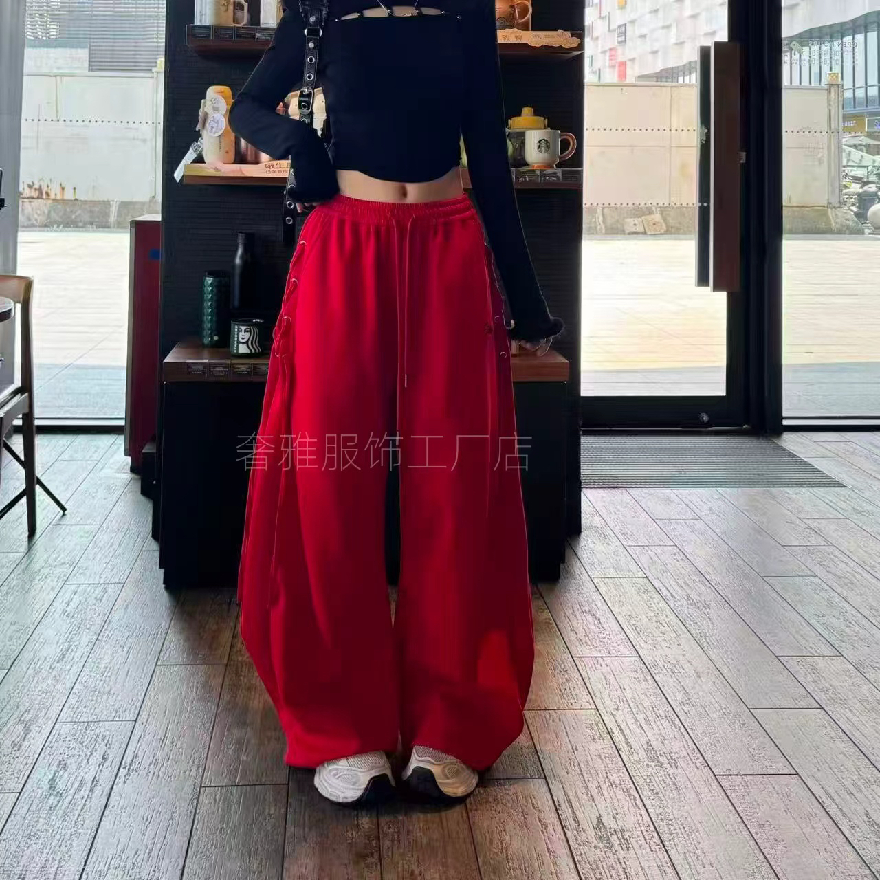 美式复古军绿色绑带工装阔腿女长裤街头显瘦休闲裤阔腿裤33168