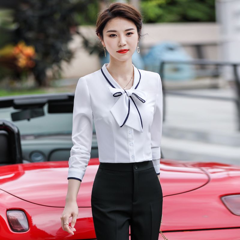 哥弟阿玛施正品灰色蝴蝶结长袖白衬衫职业套装女酒店空姐餐饮服务