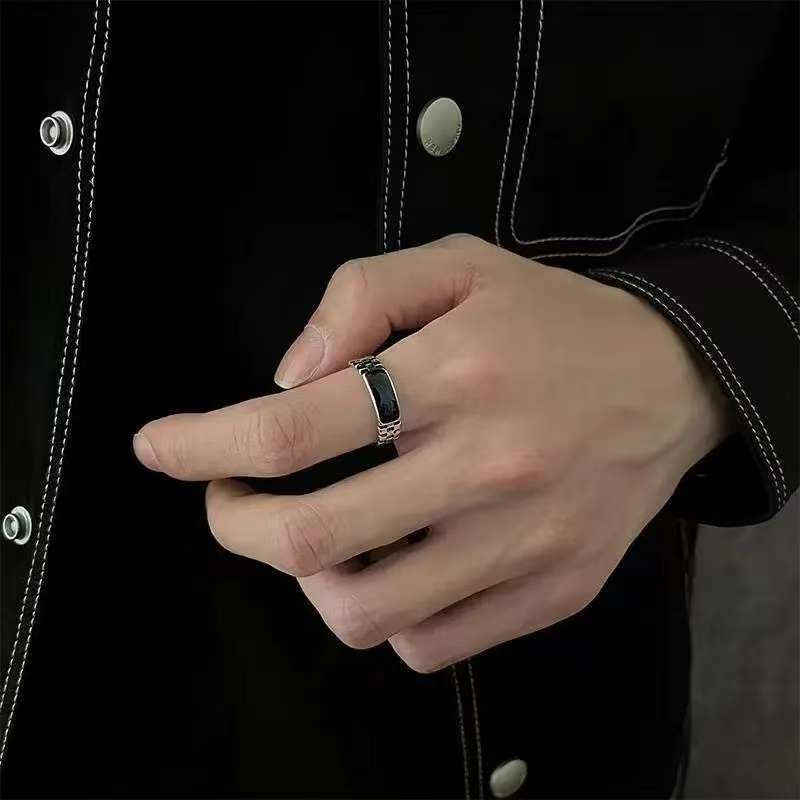 钛钢戒指 棋格滴油男戒指复古冷淡风高级感指环开口可调节食指戒