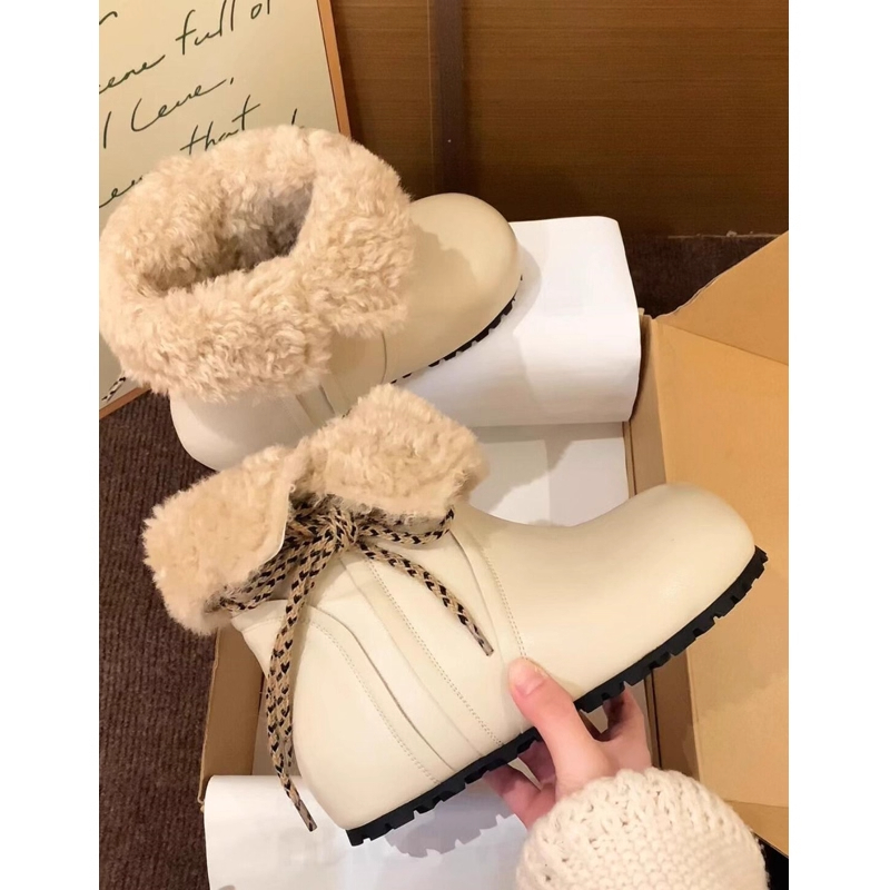 5CM内增高~真皮两穿厚底雪地靴女冬美拉德小短靴加绒保暖毛毛棉鞋