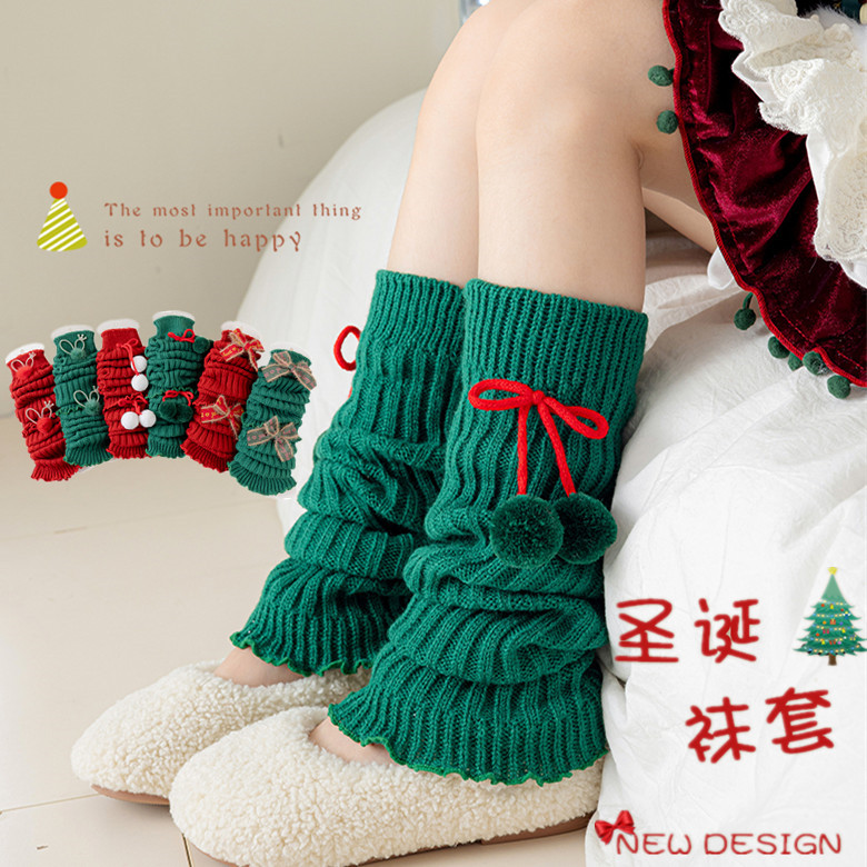 女童袜套ins秋冬圣诞新年红色绿色小腿套宝宝护脚长筒保暖堆堆袜