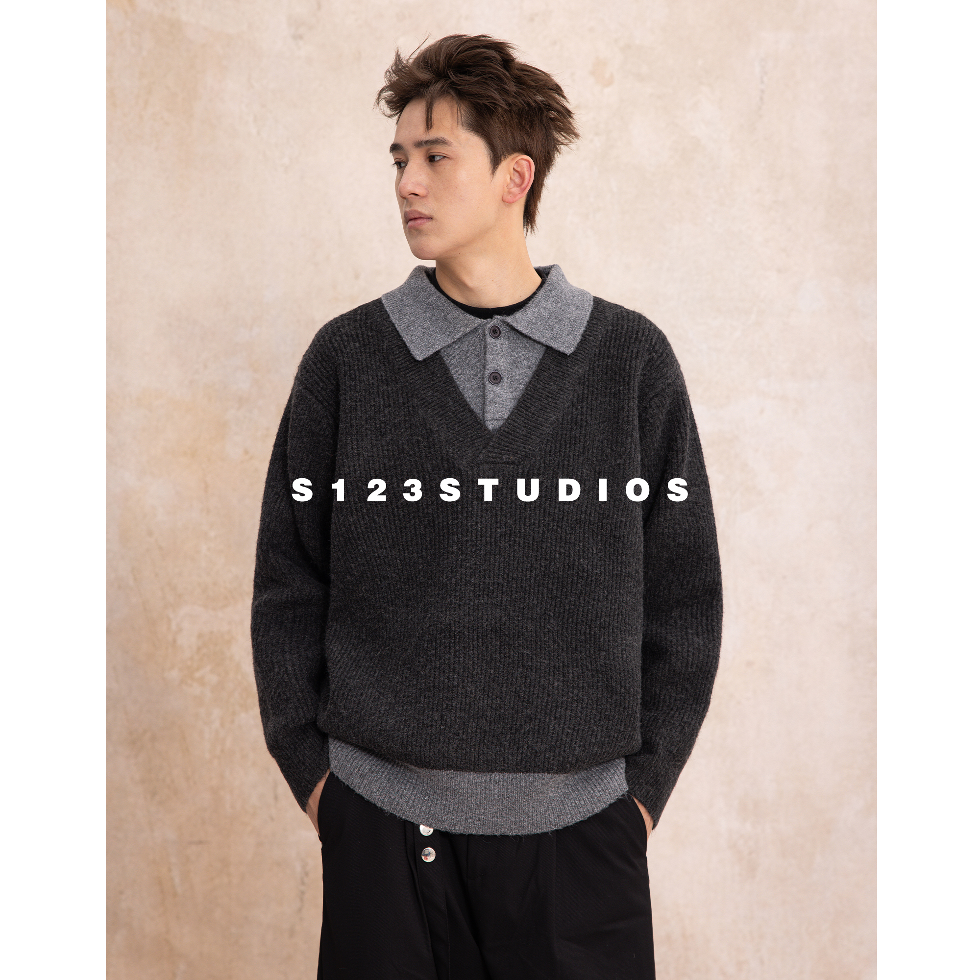 重磅假两件polo领拼接撞色针织毛衣男女复古慵懒风保暖上衣