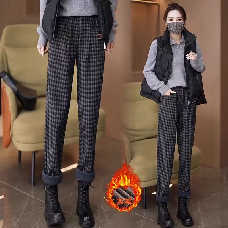 加绒加厚毛呢格子哈伦裤女2025冬季新款宽松高腰显瘦休闲女裤子