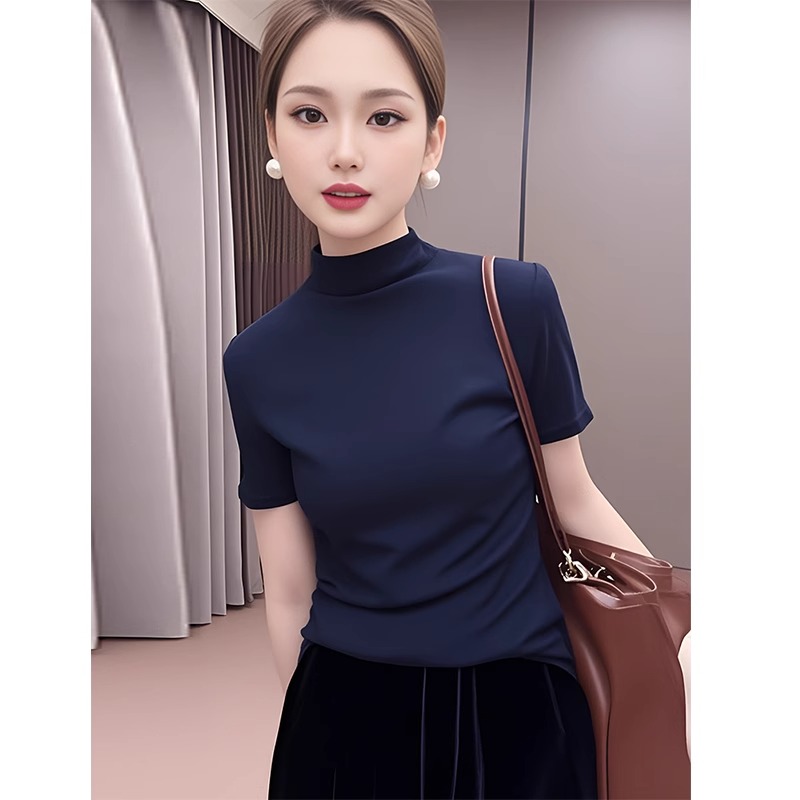 简约半高领上衣蓝色针织短袖女2025年春夏新款T恤修身百搭打底衫