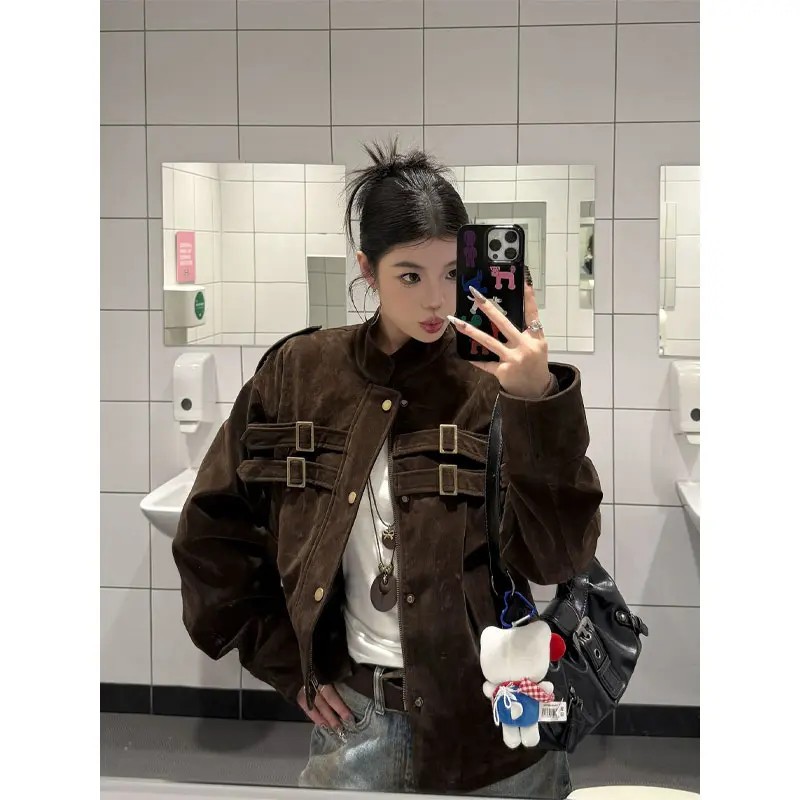 GIOIO老钱风复古哈灵顿绑带猎装夹克男春秋美式高街短款结构麂皮
