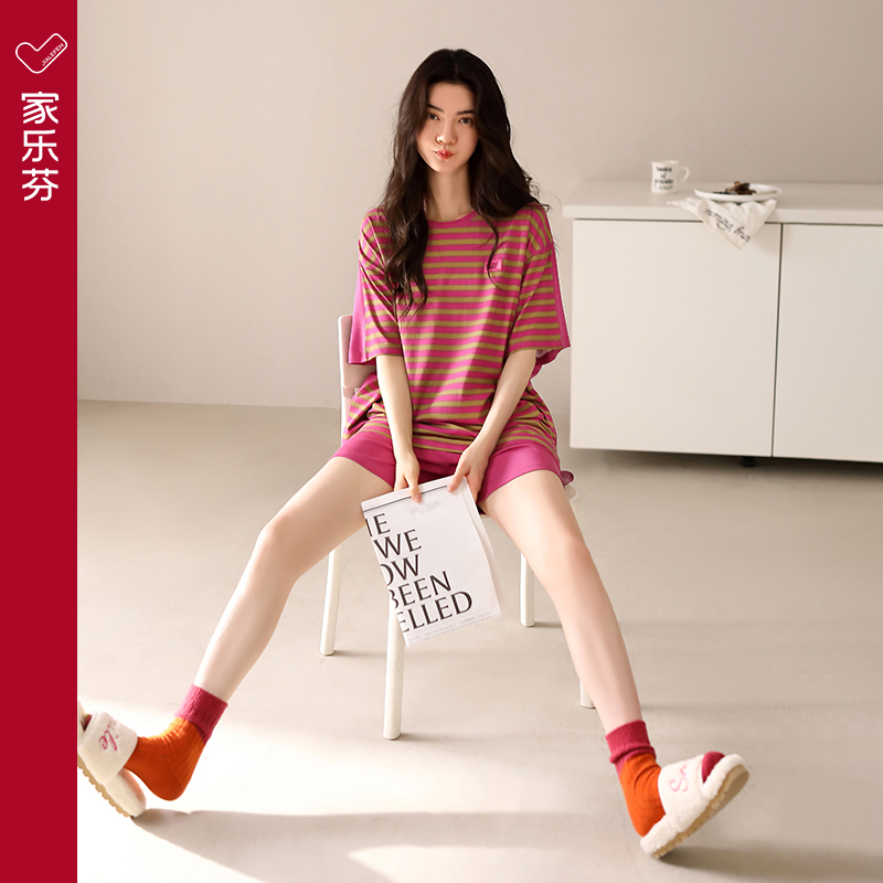 家乐芬夏季莫代尔棉女士家居服薄款休闲条纹套装圆领套头可外穿