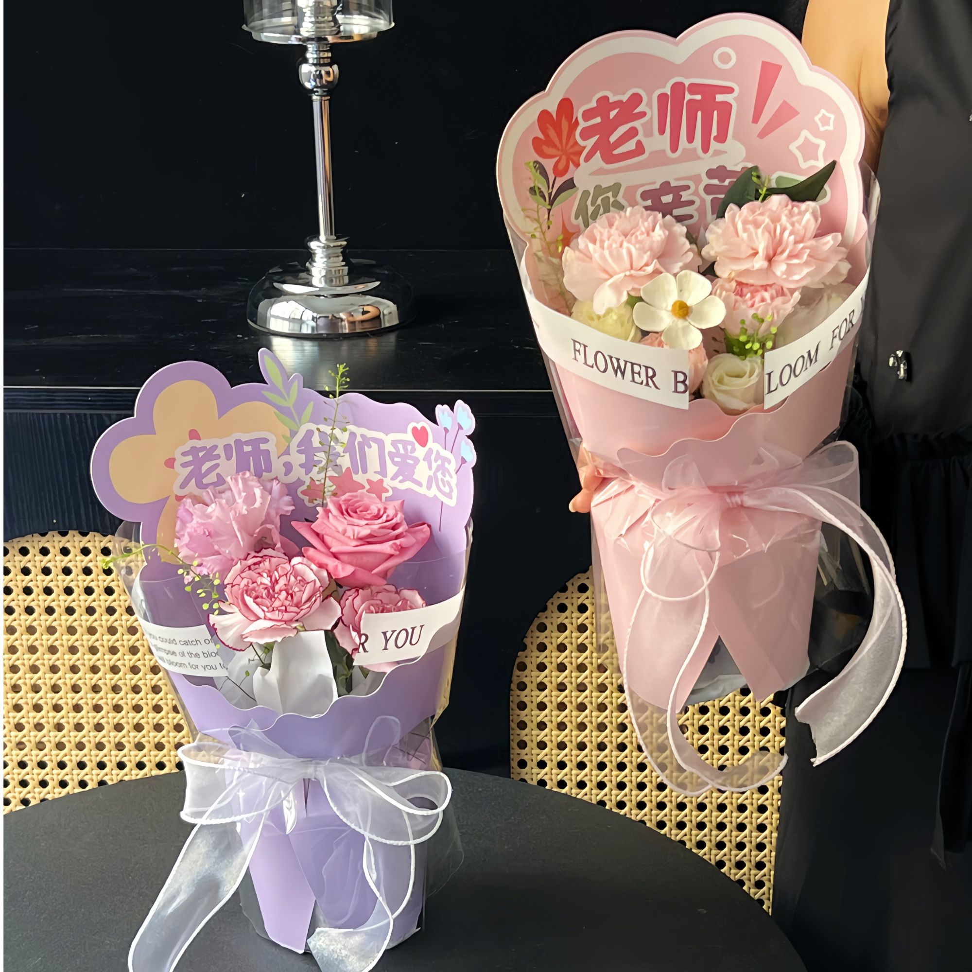 新款教师节花艺定型片一体成型厚卡纸可爱卡通送老师袋子卡片opp