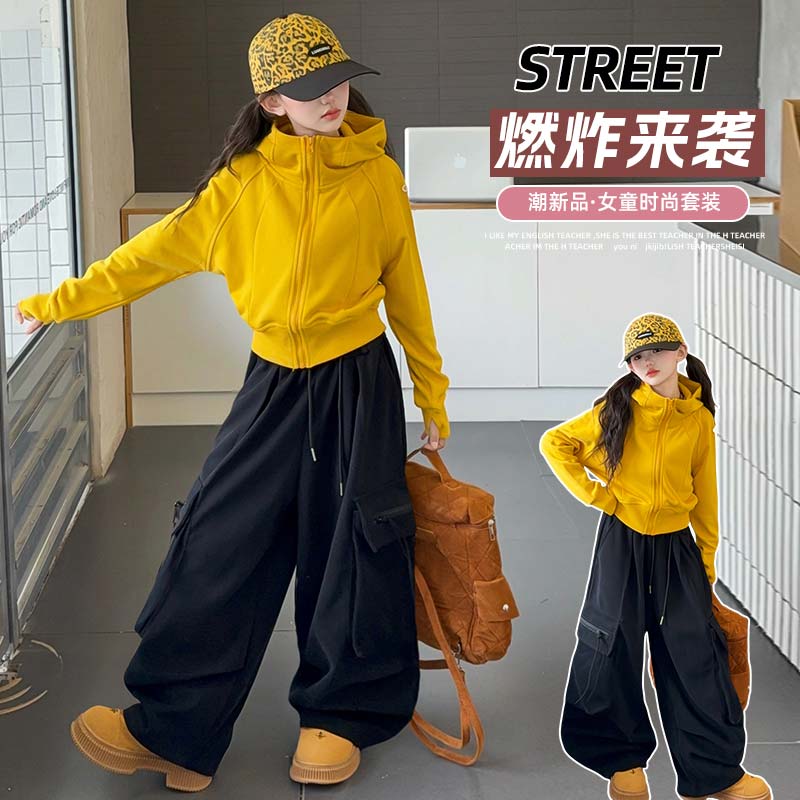 女童春装卫衣儿童连帽炸街外套春秋工装裤休闲套装新款洋气中大童