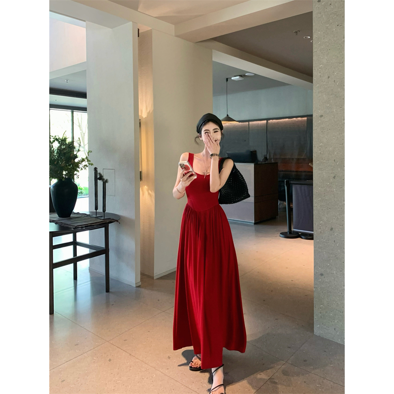 法式复古修身显瘦无袖别致绝美垂感气质背心吊带连衣裙长裙子女夏