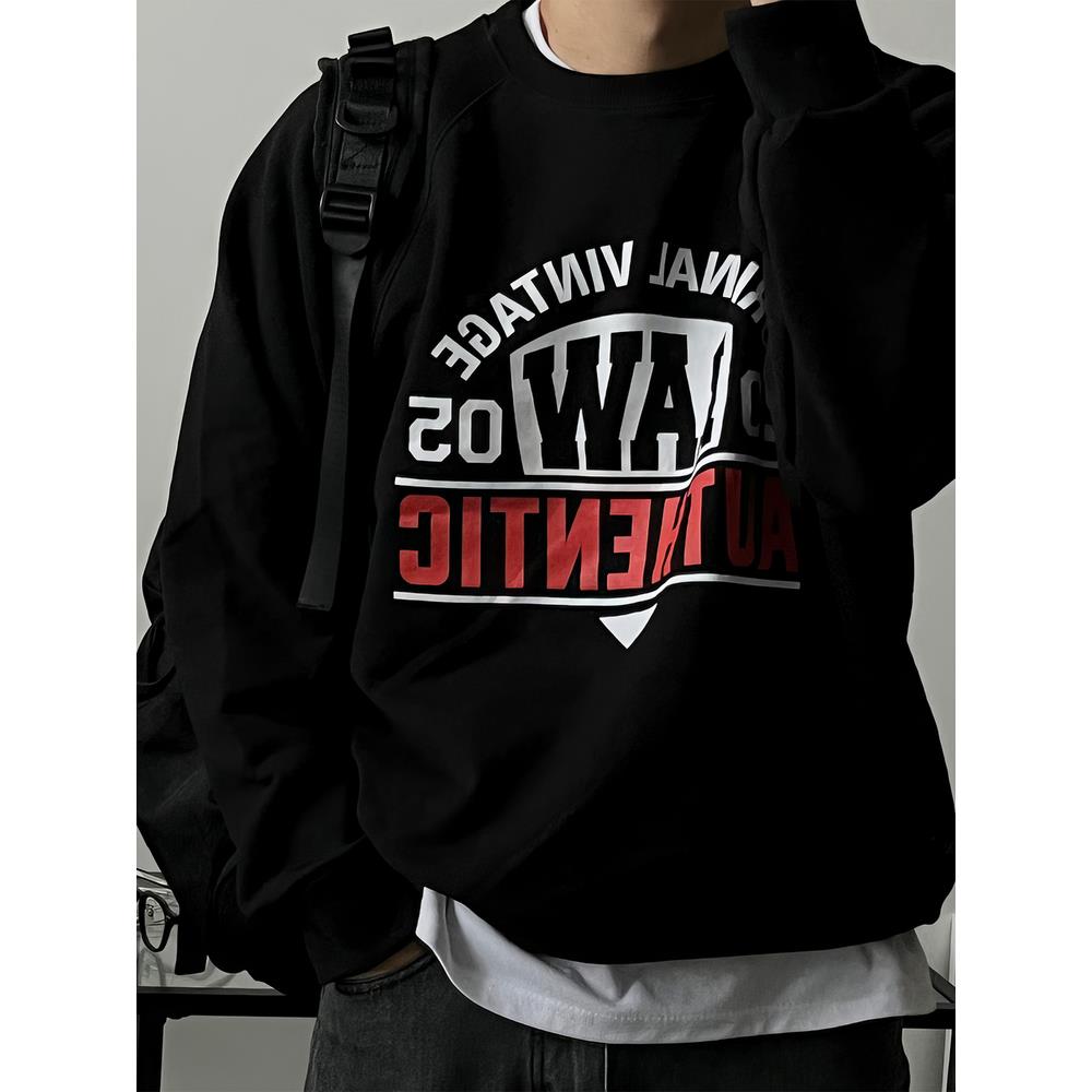 ICCLEK字母印花圆领卫衣男秋季潮牌宽松百搭上衣设计感通勤外套