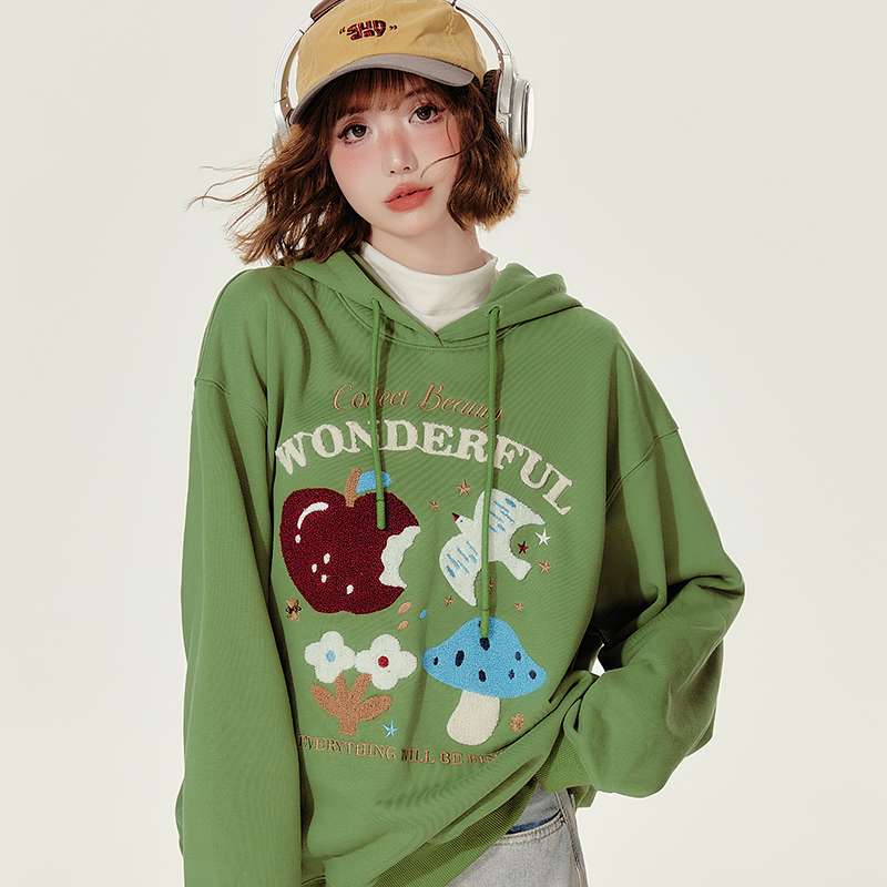 Girlyhalo美式复古绿色连帽卫衣女秋新款毛巾绣加厚宽松套头上衣