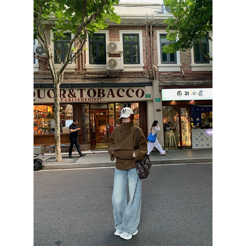 韩系2025秋冬新款设计感立领是长袖外套上衣高腰直筒宽松牛仔裤女