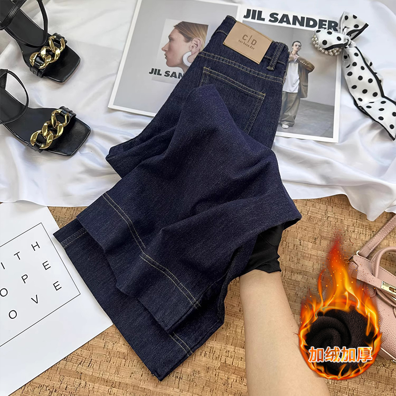 防褪色丹宁蓝加绒阔腿微喇牛仔裤女2025冬季新款高腰显瘦马蹄裤子