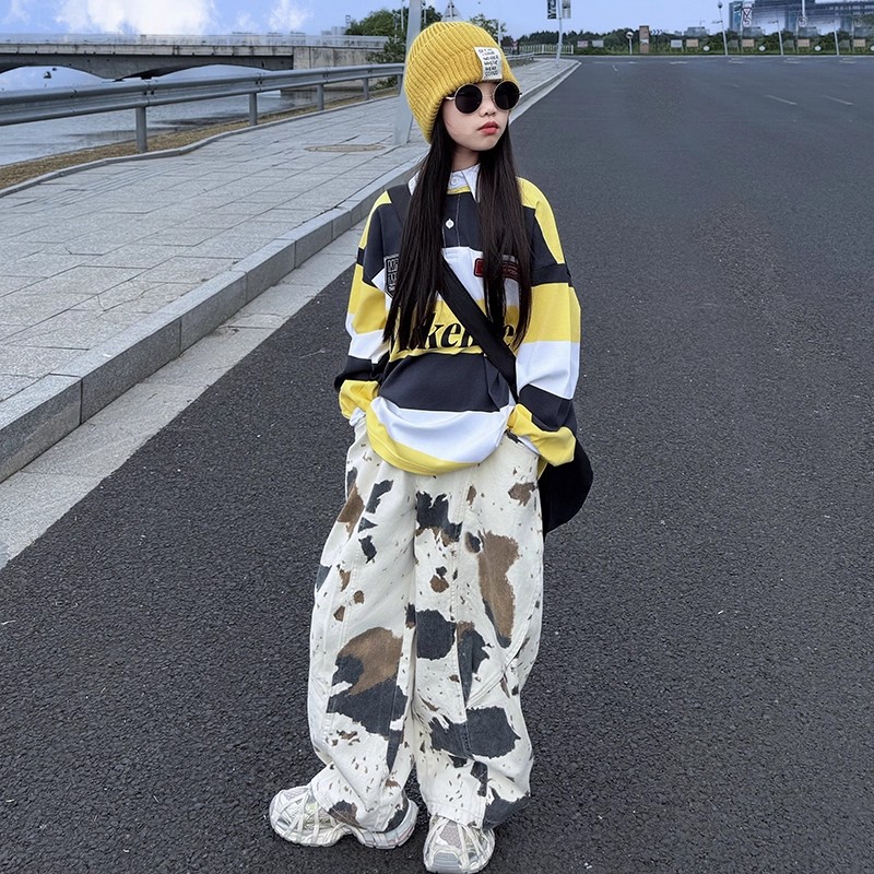 美式卫衣复古迷彩阔腿牛仔裤套装2025春秋款女童街头风痞帅高级感