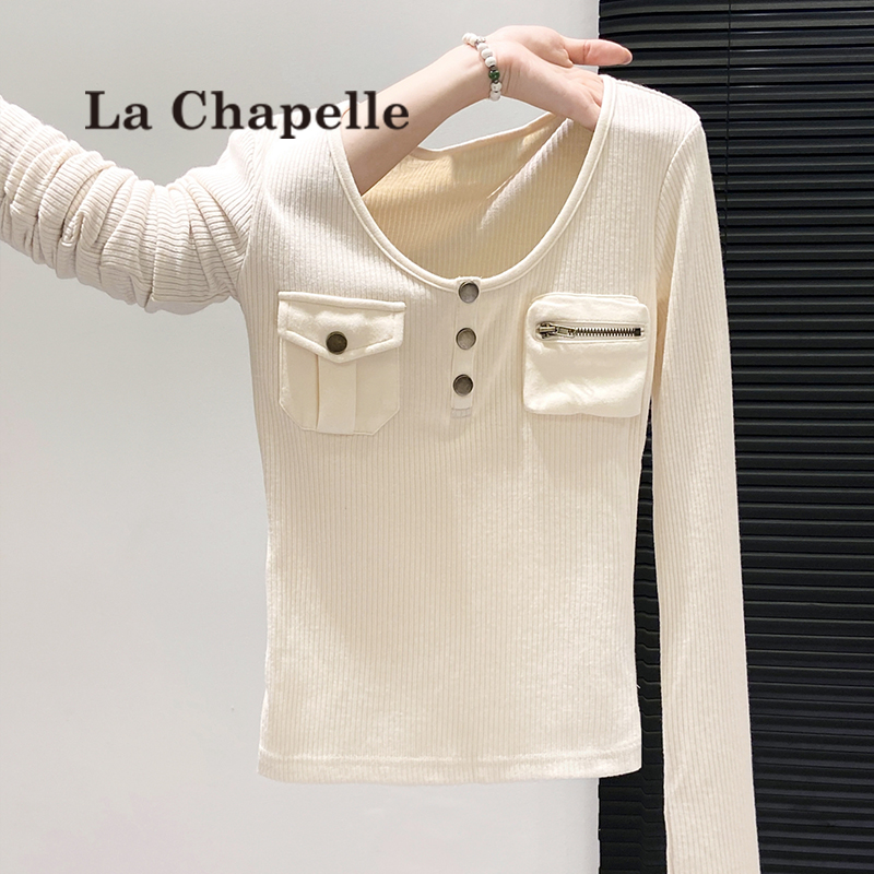 拉夏贝尔复古拼接打底上衣女秋冬内搭口袋精致修身长袖显瘦针织衫
