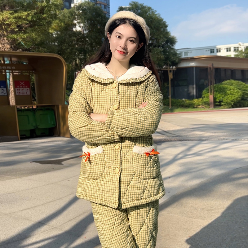 【海棠花开】韩蜜蜜纯棉格子女冬加绒加厚睡衣三层夹棉家居服套装