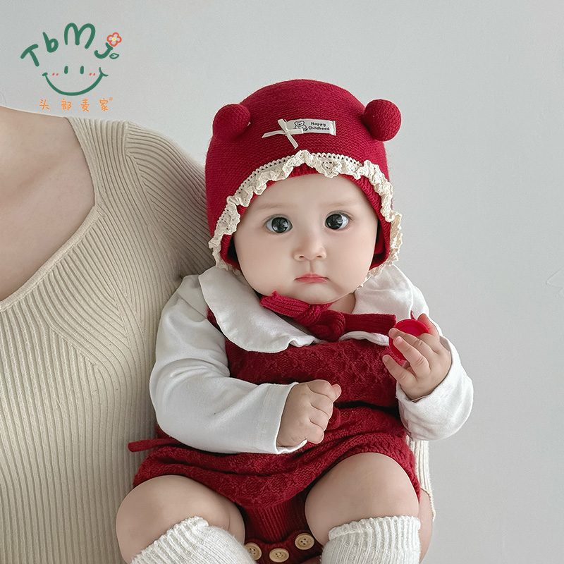 小月龄宝宝帽子冬季毛线帽婴幼儿加厚保暖花边公主帽针织帽护耳帽