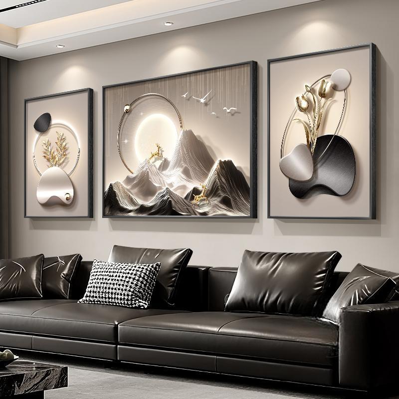 现代轻奢客厅装饰画高级感背有靠山沙发背景墙挂画高档三联组合画