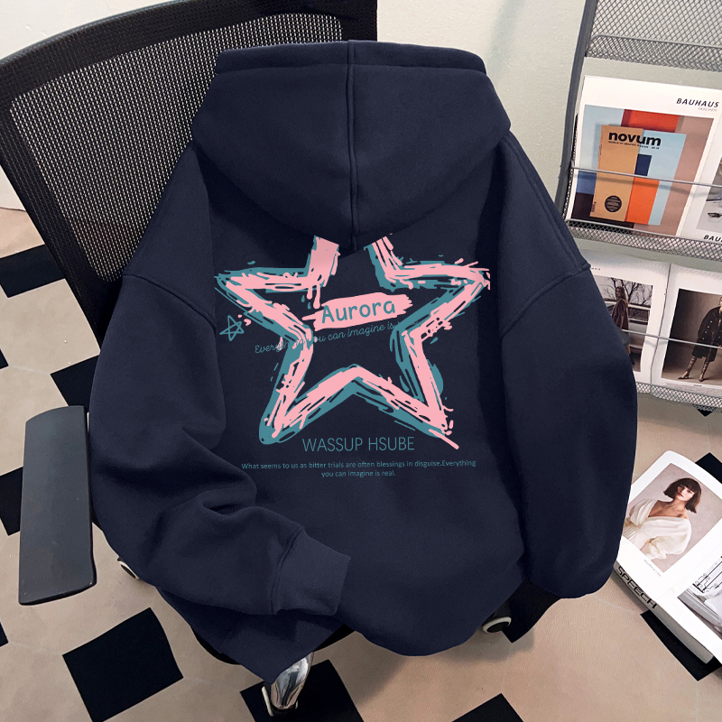 WASSUP HSUBE重磅美式套头连帽卫衣男士藏青色潮流百搭国潮牌上衣