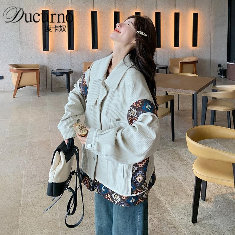 设计感印花拼接工装外套女秋季2025新款短款宽松翻领灯芯绒夹克潮