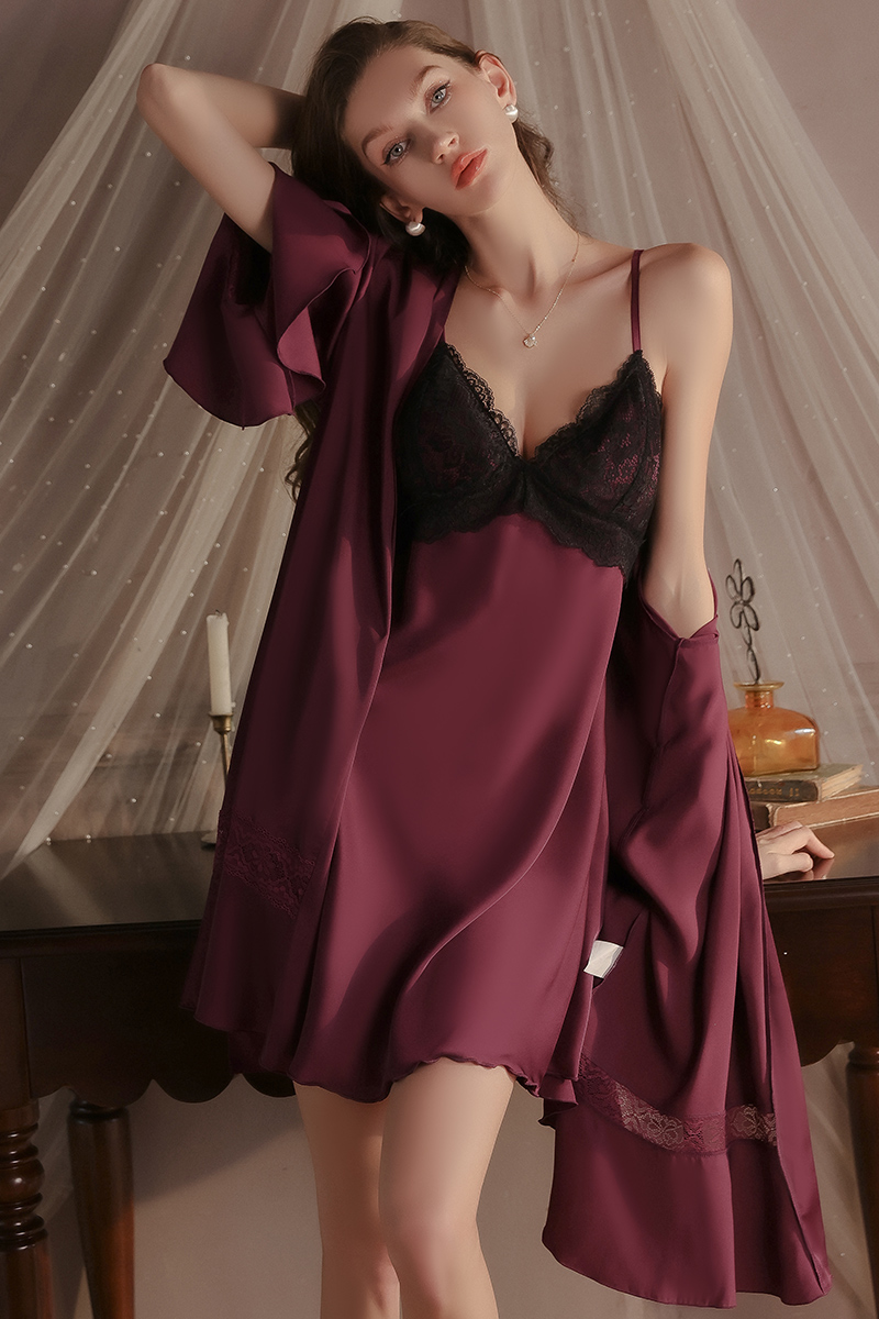【珠络】大码休闲舒适吊带睡裙蕾丝胸垫丝滑大码性感睡衣快速战袍