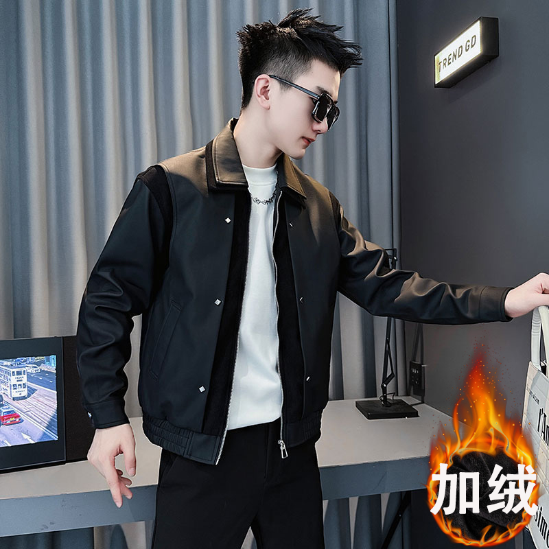 痞帅设计感解构双层领加绒皮衣秋冬2025新款爆款外套加厚保暖夹克