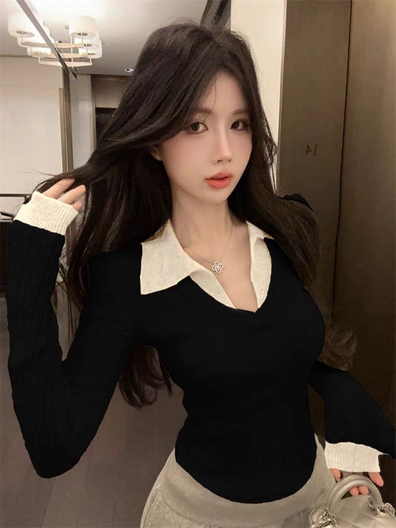 美式复古风修身针织女秋季2025新款设计感收腰polo领内搭长袖上衣