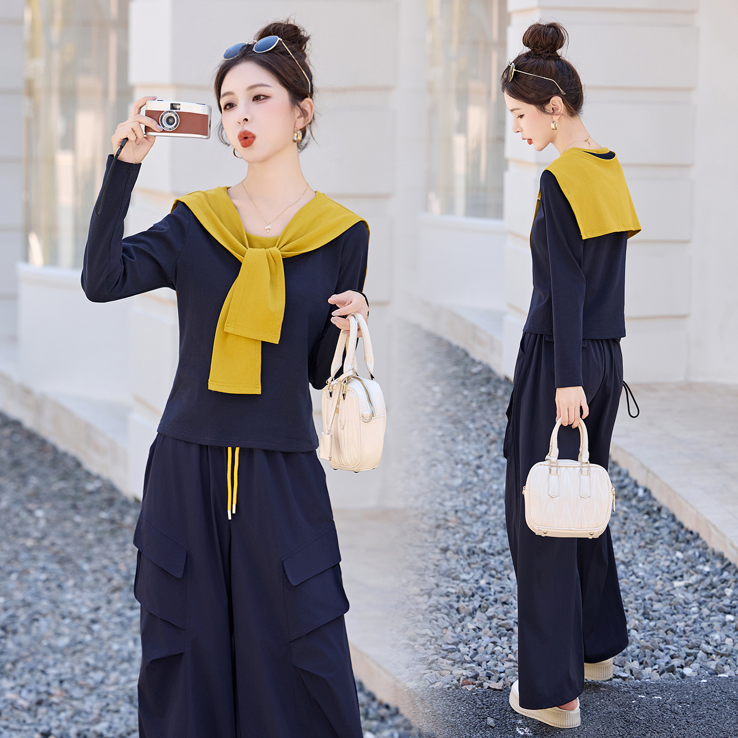 休闲时尚针织披肩套装女2025春秋新款设计感气质工装阔腿裤两件套