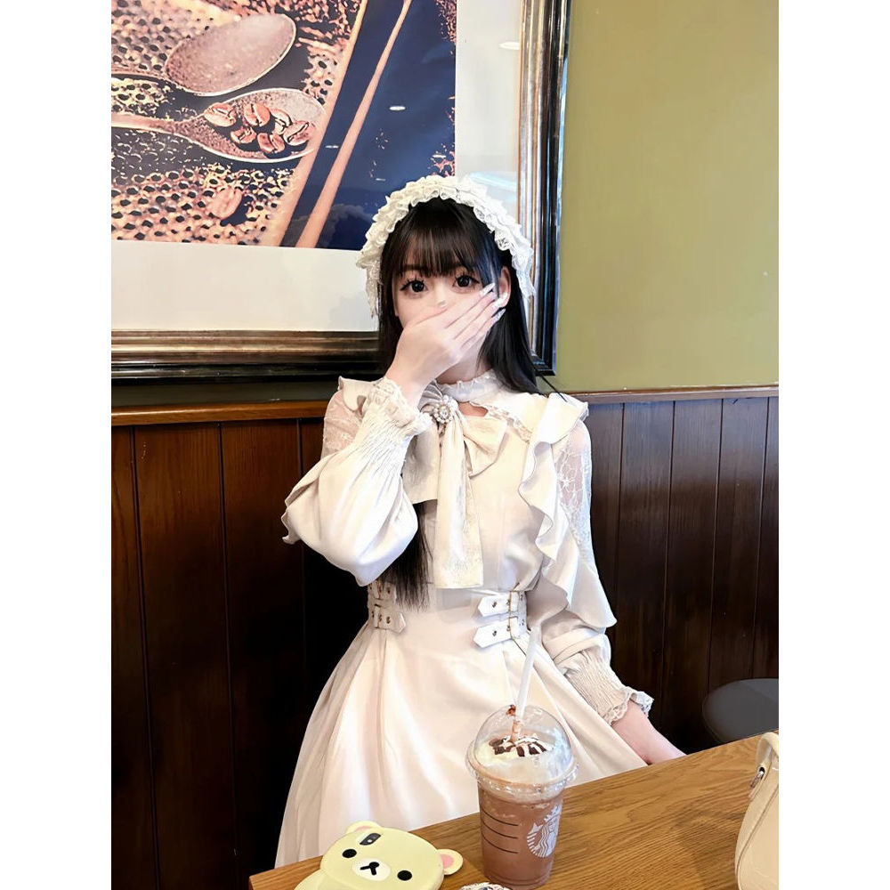 日系rojita蕾丝荷叶边收腰显瘦长袖连衣裙蕾服中长款裙子