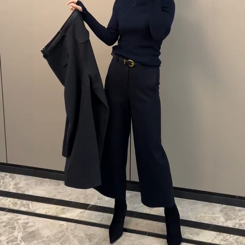 秋冬新款高腰毛呢阔腿休闲裤女大码胖mm小个子显瘦百搭直筒靴裤子